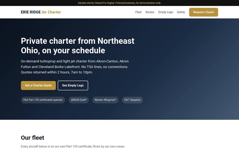 Screenshot of the sample Part 135 charter operator website