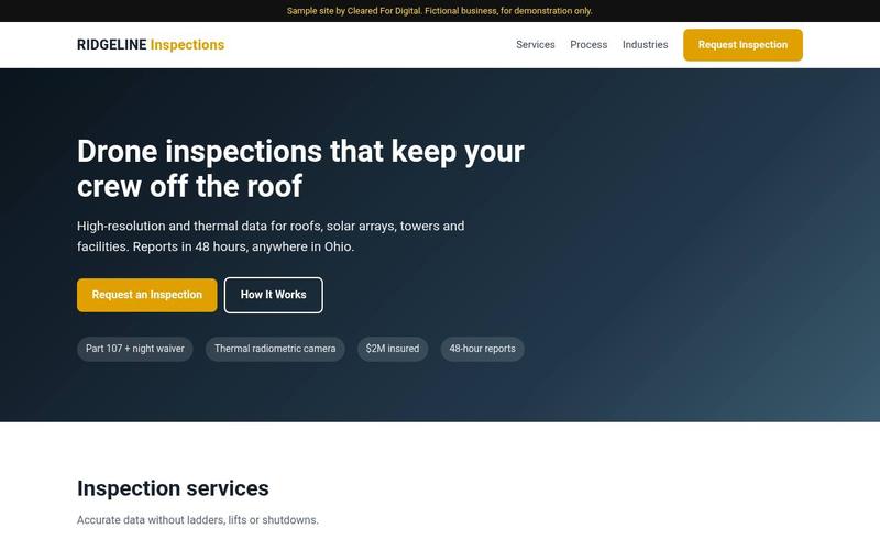 Screenshot of the sample drone inspection company website