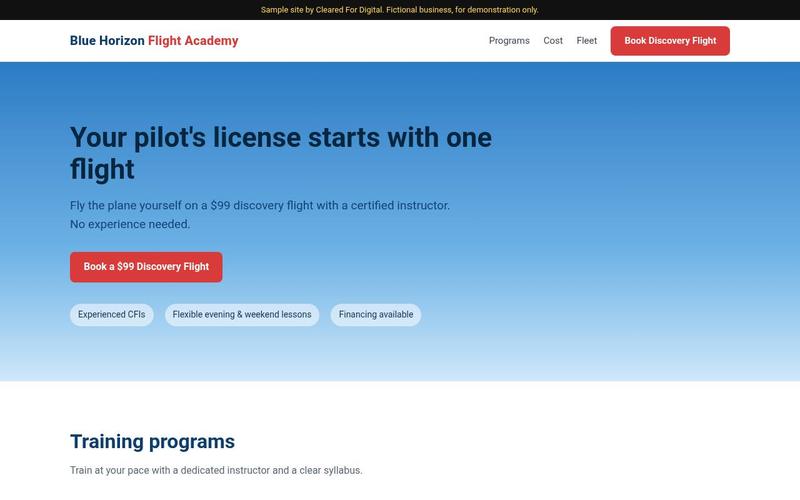 Screenshot of the sample flight school website