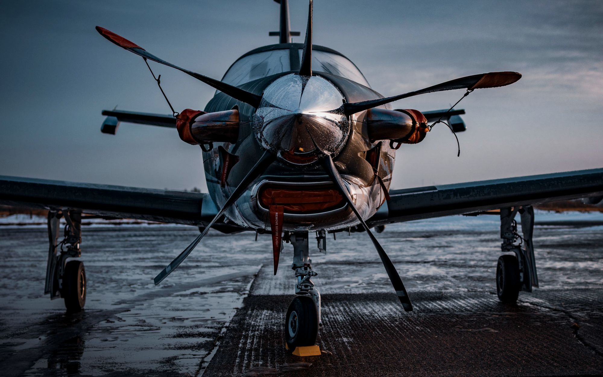 Single-engine turboprop seen nose-on on a wet ramp at dawn
